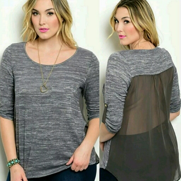 Janette Plus Tops - Plus SIZE Gray and Black Sheer Back Shirt