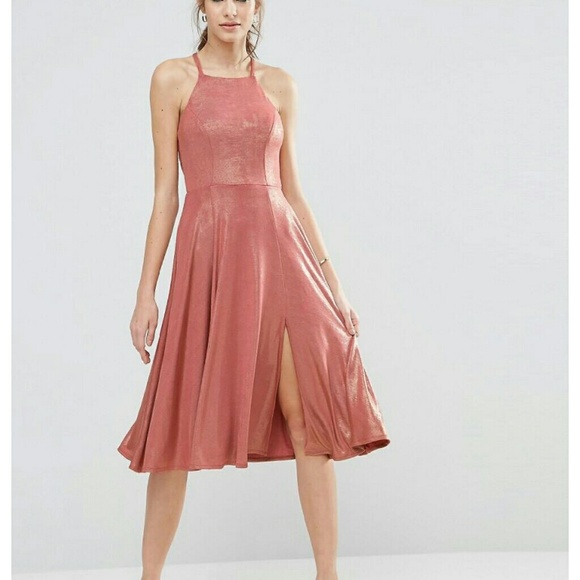 ASOS low back peachy-gold metallic midi dress