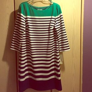 Eliza J navy/white striped green dress w/green.