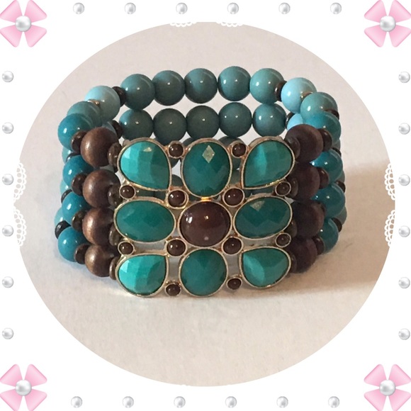 Turquoise Chocolate Brown Beaded Stretch Bracelet - Picture 2 of 4