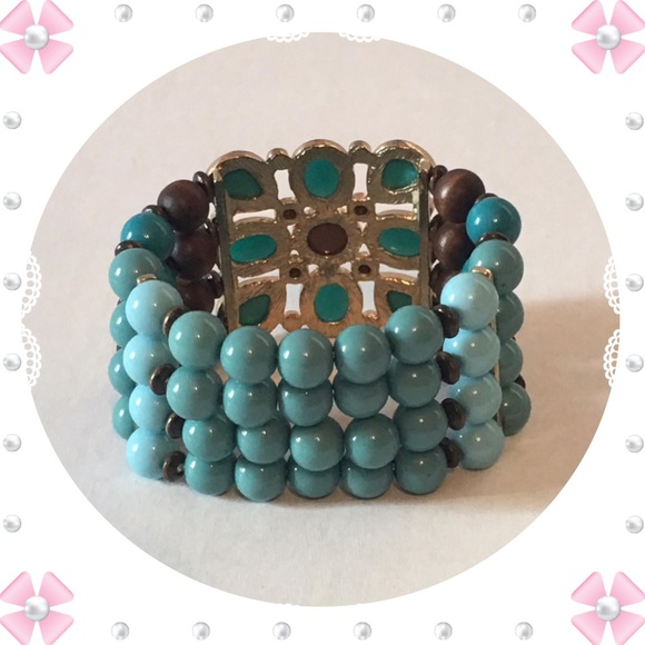 Turquoise Chocolate Brown Beaded Stretch Bracelet - Picture 3 of 4