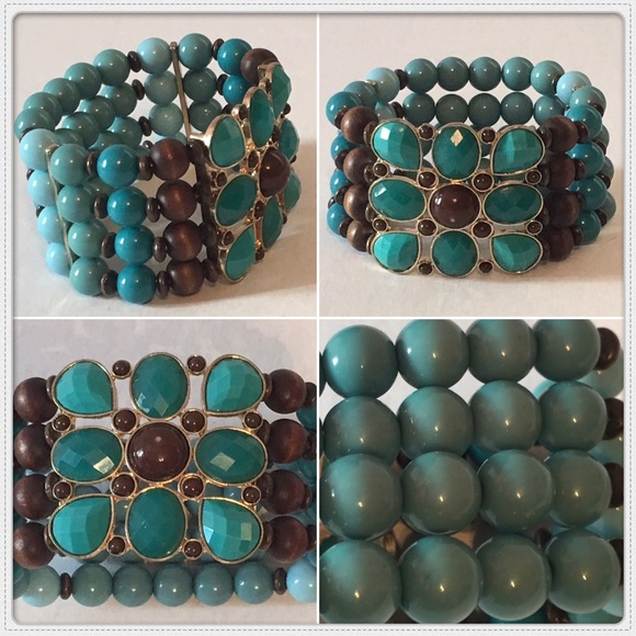 Turquoise Chocolate Brown Beaded Stretch Bracelet - Picture 4 of 4