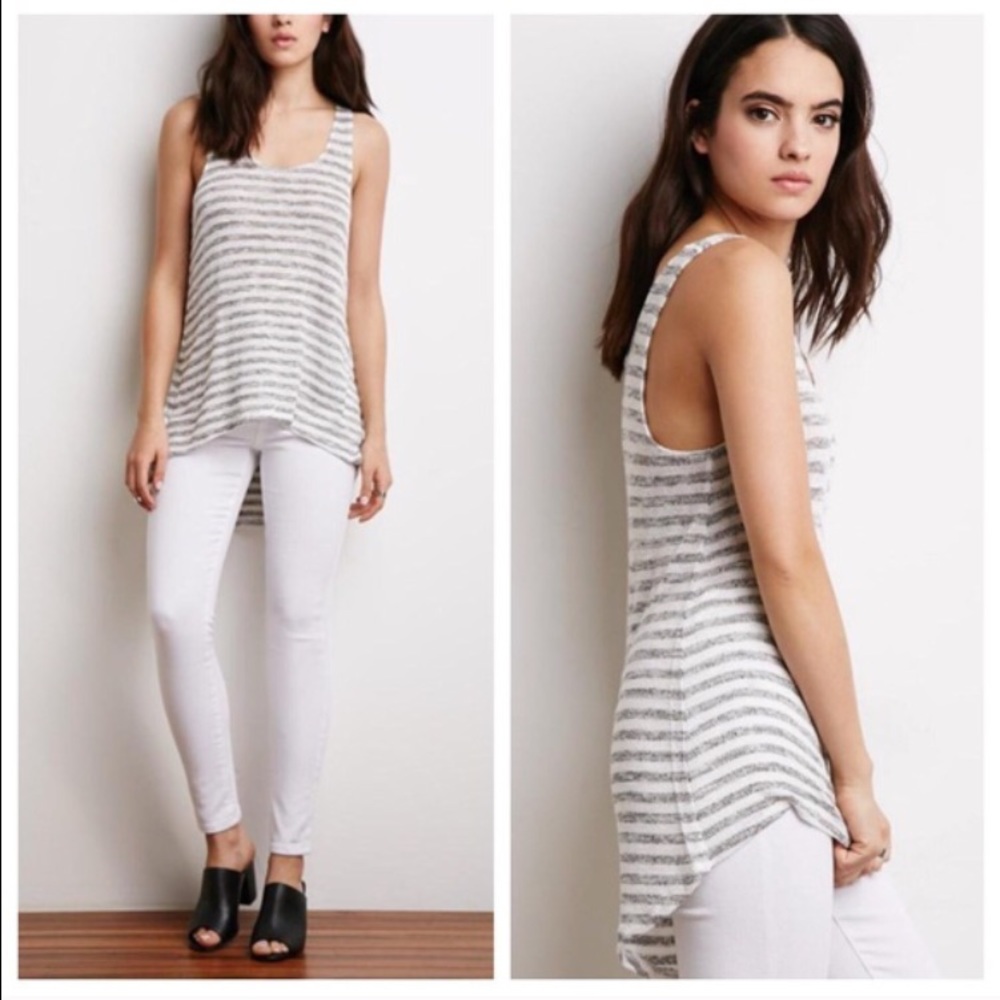 Gray and white striped trapeze tank