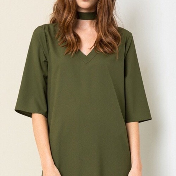 Olive Green Shift Dress with Choker Boutique