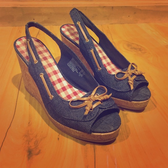 Dexter Denim Peep Toe Wedges