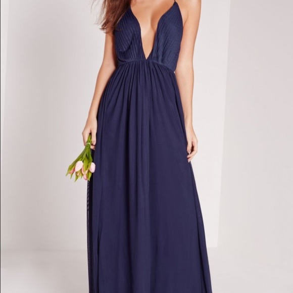 Strappy pleated plunge maxi dress navy blue
