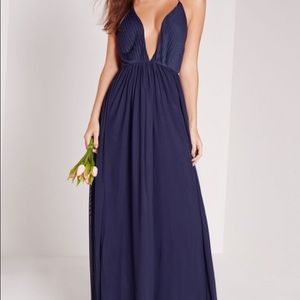 Strappy pleated plunge maxi dress navy blue