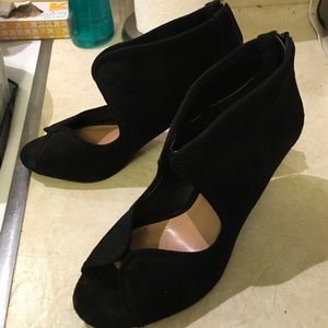 Black faux suede peep-toe high heel booties