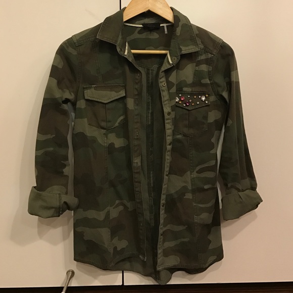 Camo Print Rhinestone Pocket Shirt