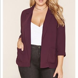 Plus size collared blazer in eggplant.