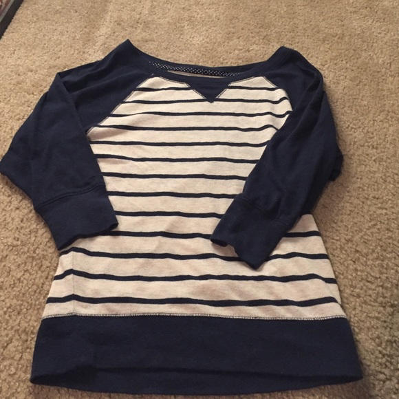 3 quarter sleeve cream and navy striped shirt