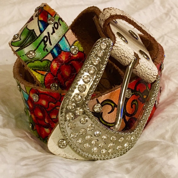 Ed Hardy hand made leather and crystal belt.