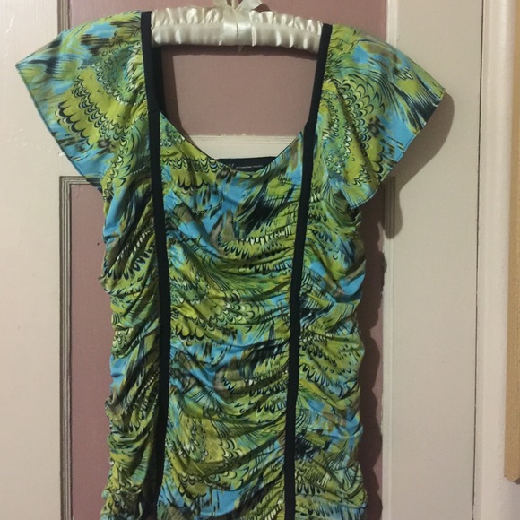 INC green blue ruched blouse