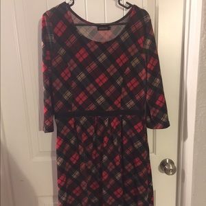 Reborn red, black, and tan sweater dress