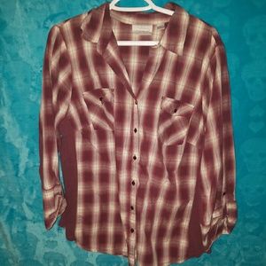 Maroon and cream plaid shirt