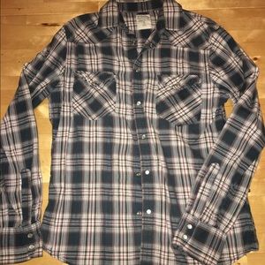 Men's blue plaid button down shirt