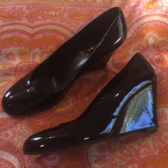 Via Spiga Shoes - Via Spiga black patent leather wedge 3" heels  10M