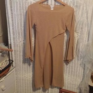 Tan Open Front Slit Long Sleeve Maxi Top