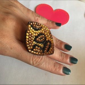 Leopard animal statement bling ring brown gold