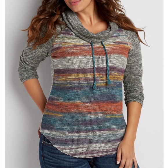 marled pullover with stripes and cowl neck