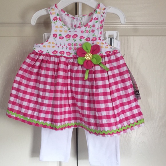 2 PC pink & white smock top leggings set 6-9M NWT
