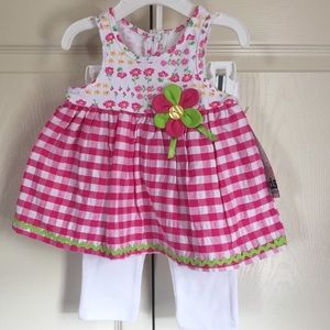 2 PC pink & white smock top leggings set 6-9M NWT