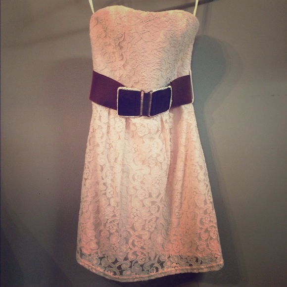 Blush colored lace strapless mini dress