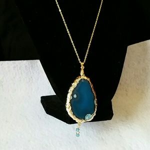 Beautiful gold wrapped blue agate pendant necklace