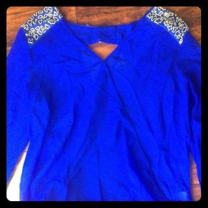 Royal blue sheer long sleeve with beaded design