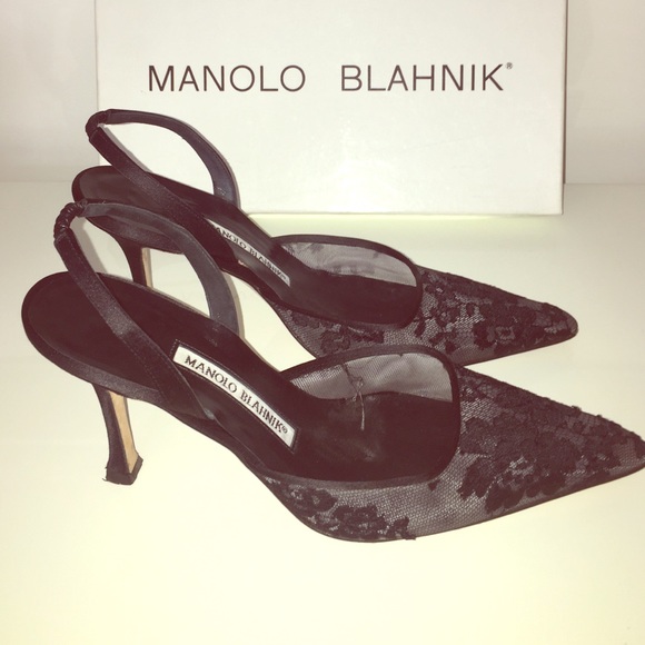 Black flower detailed satin sling backs