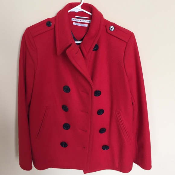 Tommy Hilfiger Red Wool Double-Breasted Pea Coat - Picture 1 of 4