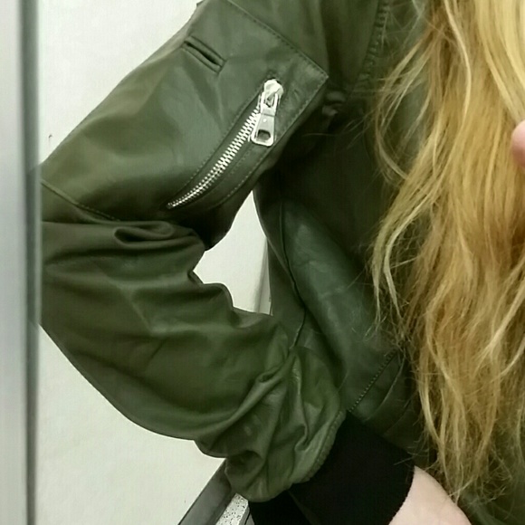 OliveGreen leatherish bomber jacket new with tags, - Picture 1 of 3