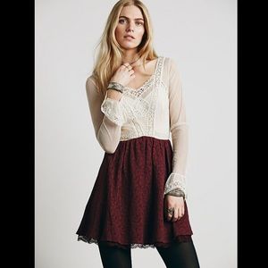 Free People Burgundy Cream Victorian Mini Dress