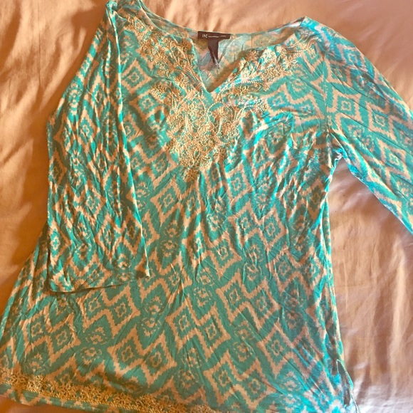 Tourquise + Tan Tribal Top with Gold Embroidery