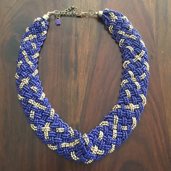Beaded fashion statement necklace. Blue/Gold.