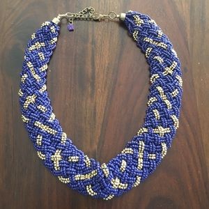 Beaded fashion statement necklace. Blue/Gold.