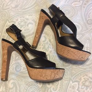 ⚡️SALE⚡️Nine West black leather/cork heeled wedges