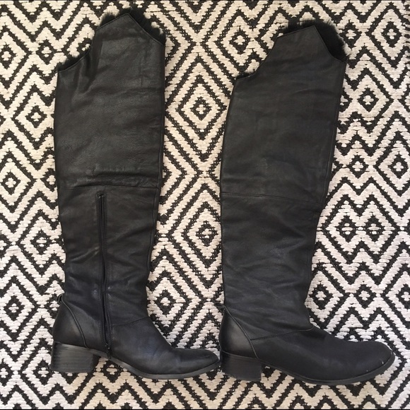 Knee high leather & rabbit fur boots, size 39 - Picture 1 of 4