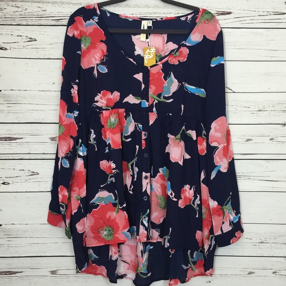 Floral Navy Blue Button Down Babydoll Top - Picture 2 of 2