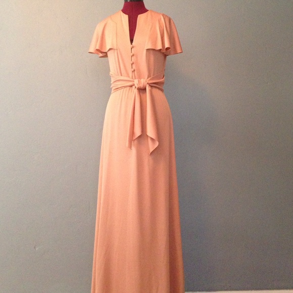 Vintage flowing salmon full length dress with tie - Picture 1 of 3