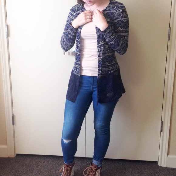 Charlotte Russe Navy Print Cardigan with Lace Trim