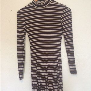 Striped 2x1 Rib Mock Neck Long Sleeve Mini Dress