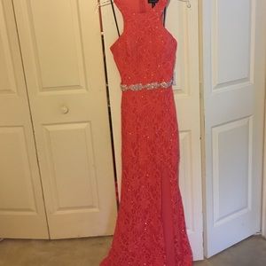 Coral and silver prom dress.
