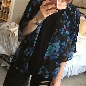 Express Floral Print Chiffon & Lace Inset Kimono