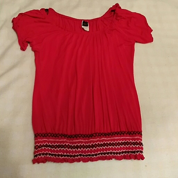 Red cinched waist, flowing  blouse