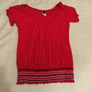 Red cinched waist, flowing  blouse