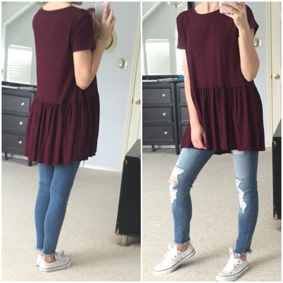 LAST ITEM▫️Wine & Navy Stripe Ribbed Peplum Top - Picture 2 of 4