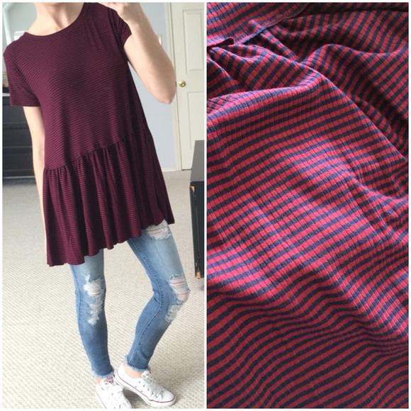 LAST ITEM▫️Wine & Navy Stripe Ribbed Peplum Top - Picture 3 of 4