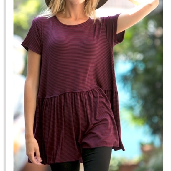 LAST ITEM▫️Wine & Navy Stripe Ribbed Peplum Top - Picture 4 of 4