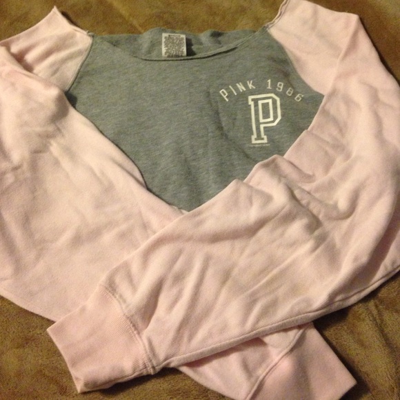Off the shoulder grey and pink sweat shirt